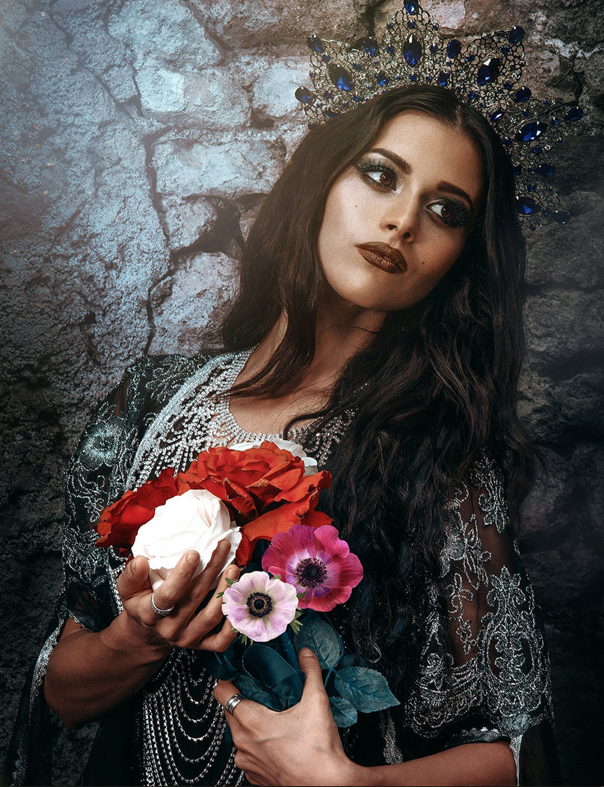 Fine art photography of a model posing with flowers 