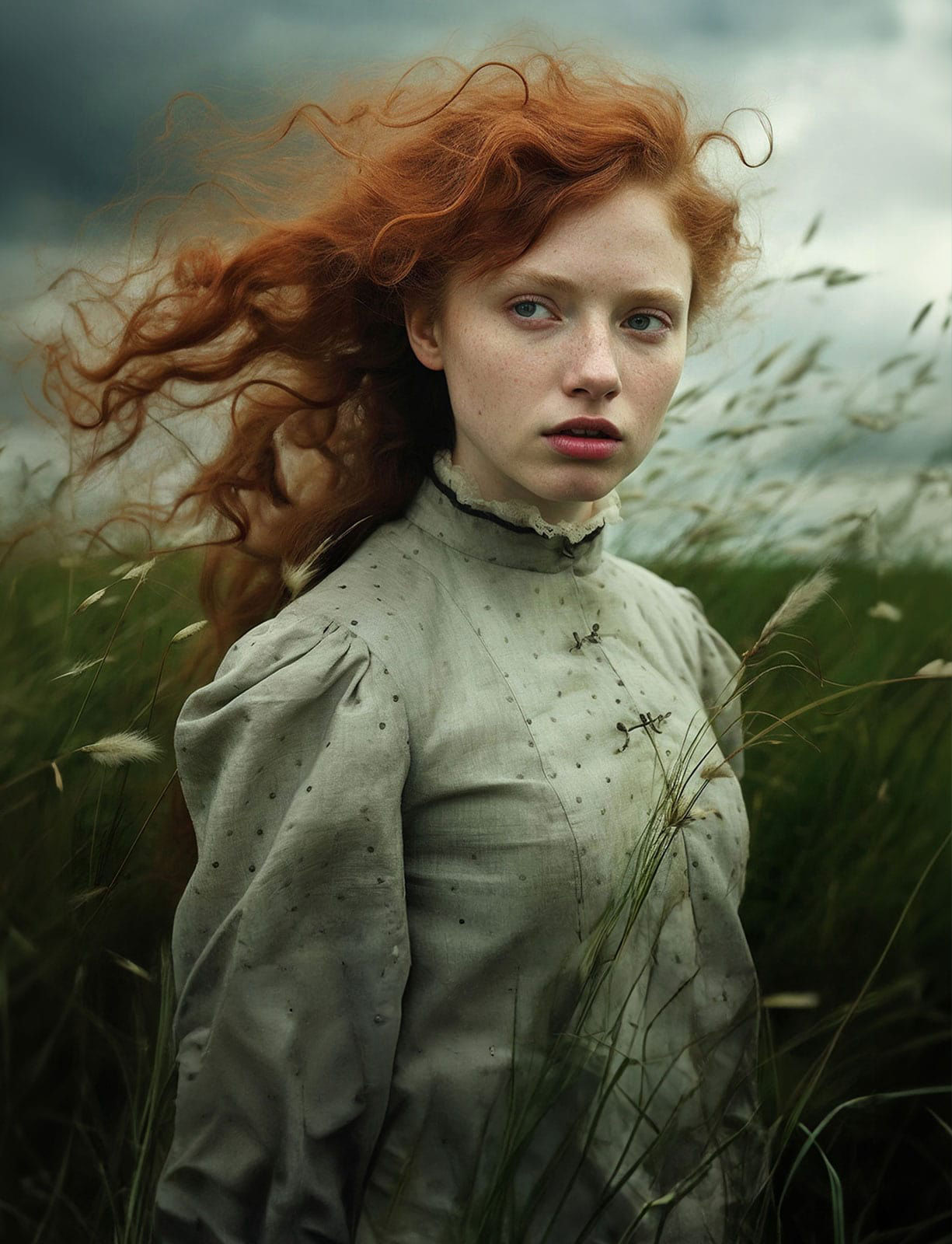 redhead model is posing in the grass