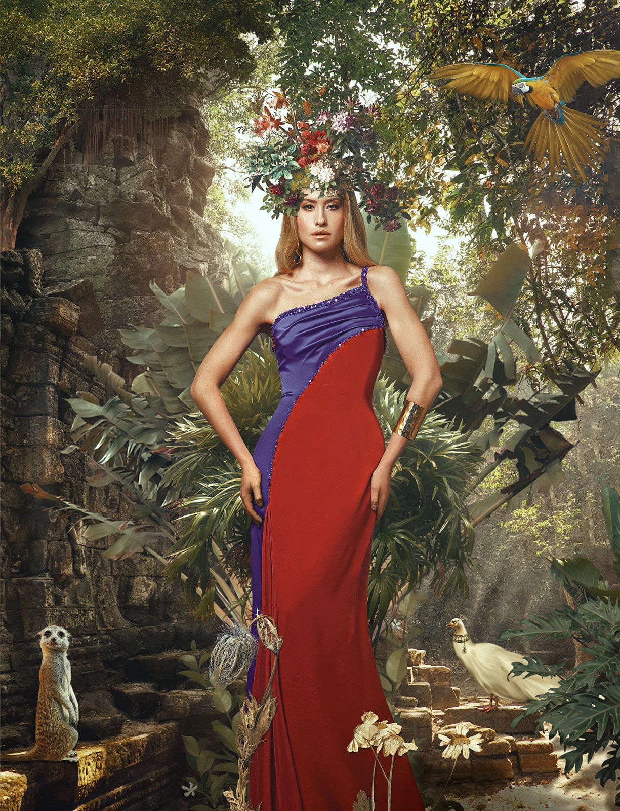 Painterly image of a model wearing a red dress surrounded by nature 