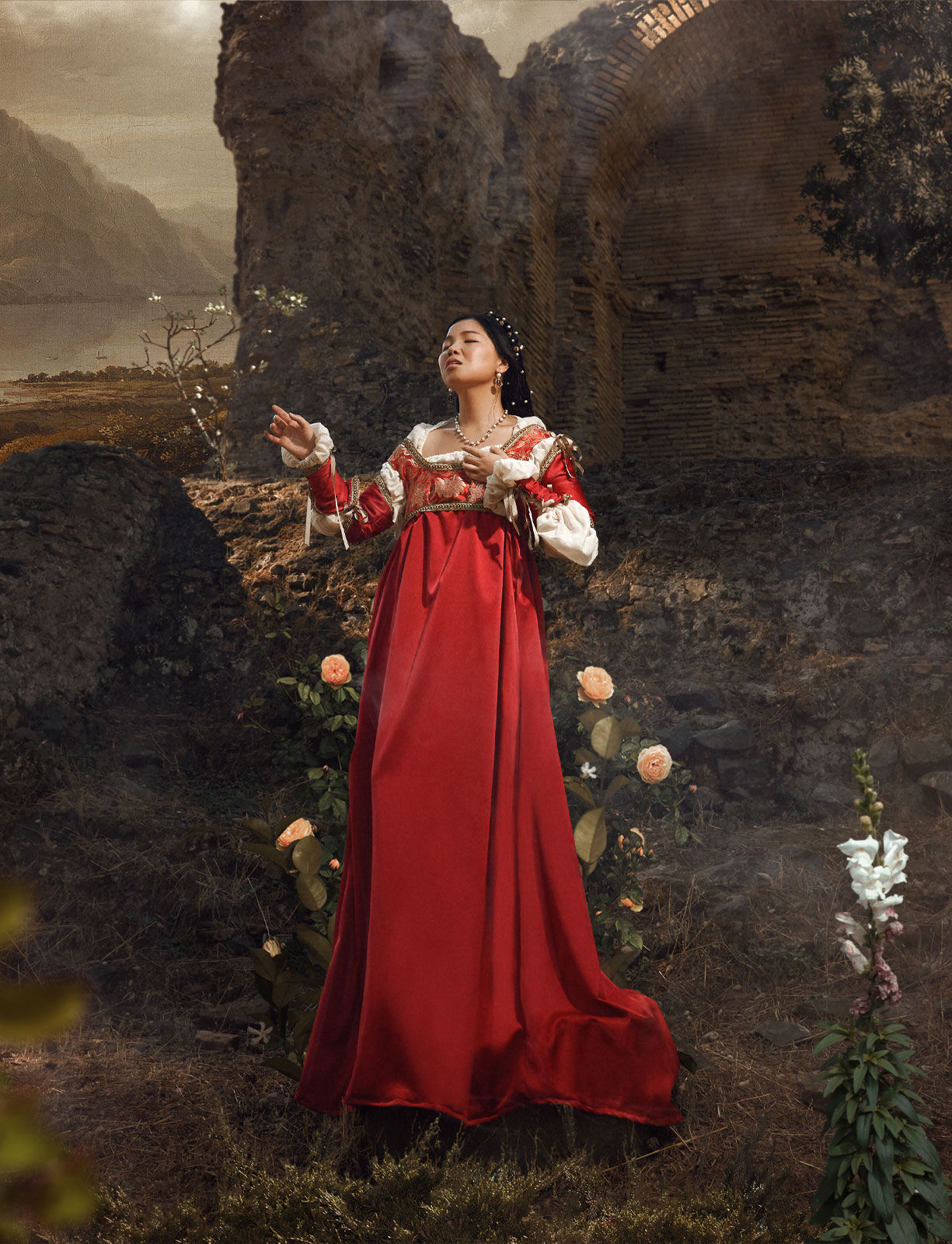 fine art image of a renaissance model posing in via appia antica in rome