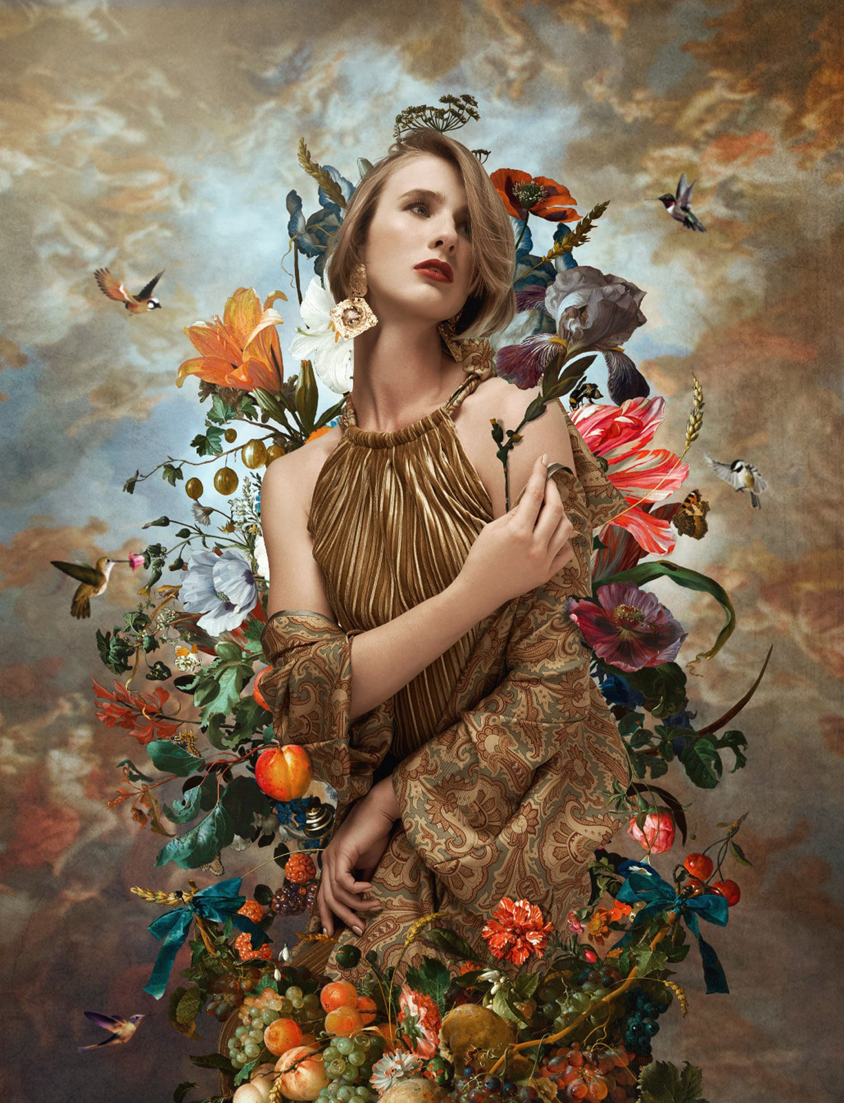 Painterly photography of a caucasian model wearing a gold dress surrounded by flowers and hummingbirds 