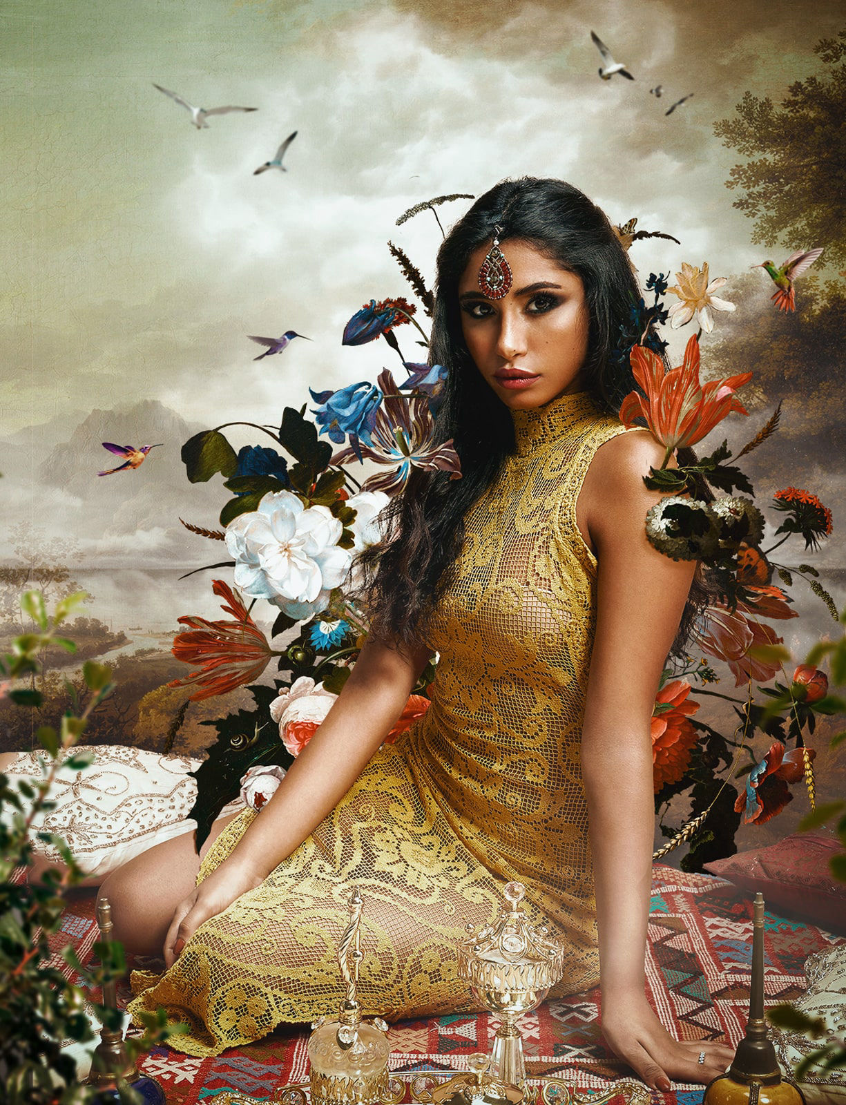 Surreal photography of a model wearing a white wedding dress surrounded by flowers 