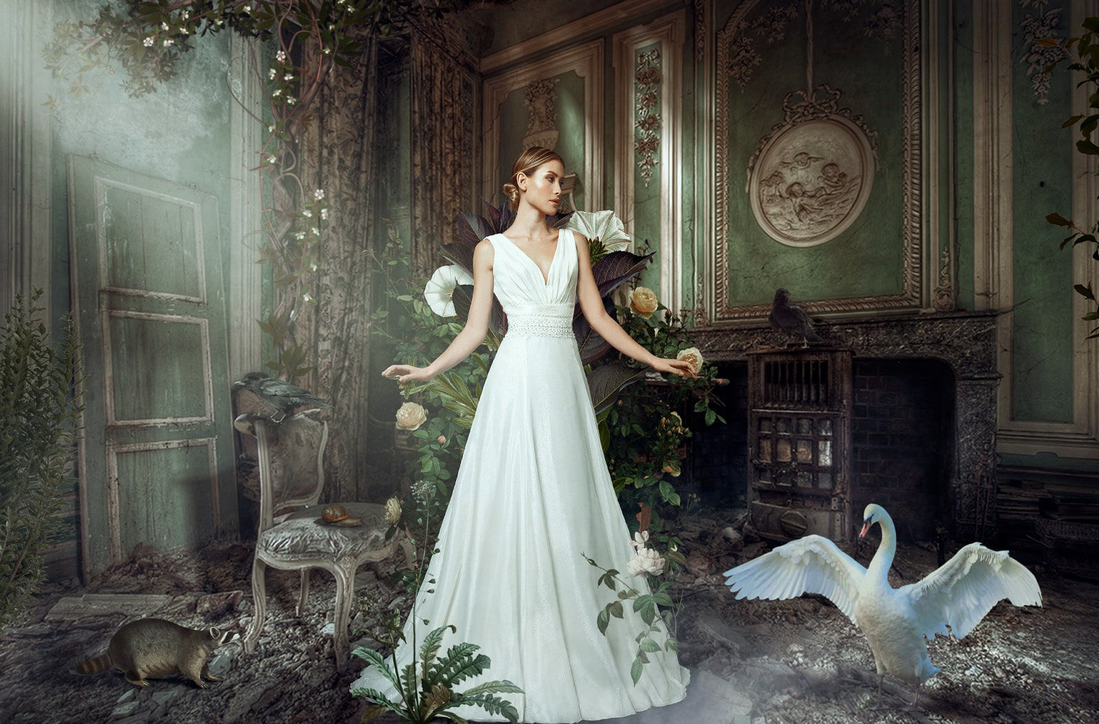fine Art picture of a model wearing a white dress inside an abandoned room 