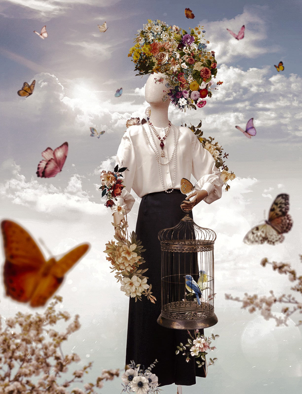 Picture of a mannequin surrounded by flowers  and butterflies