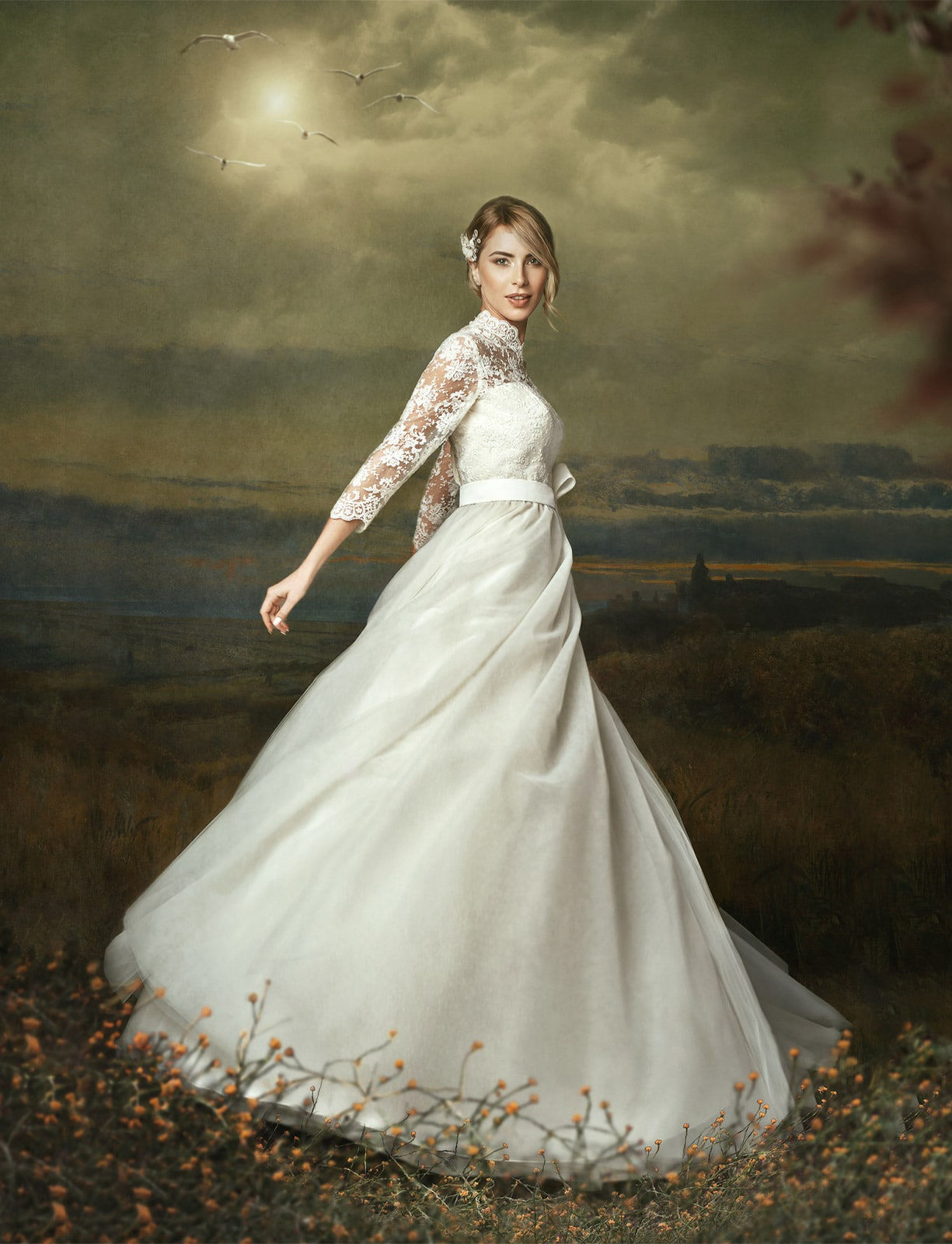 Painterly image of a model wearing a white dress dancing in a green land at sunset