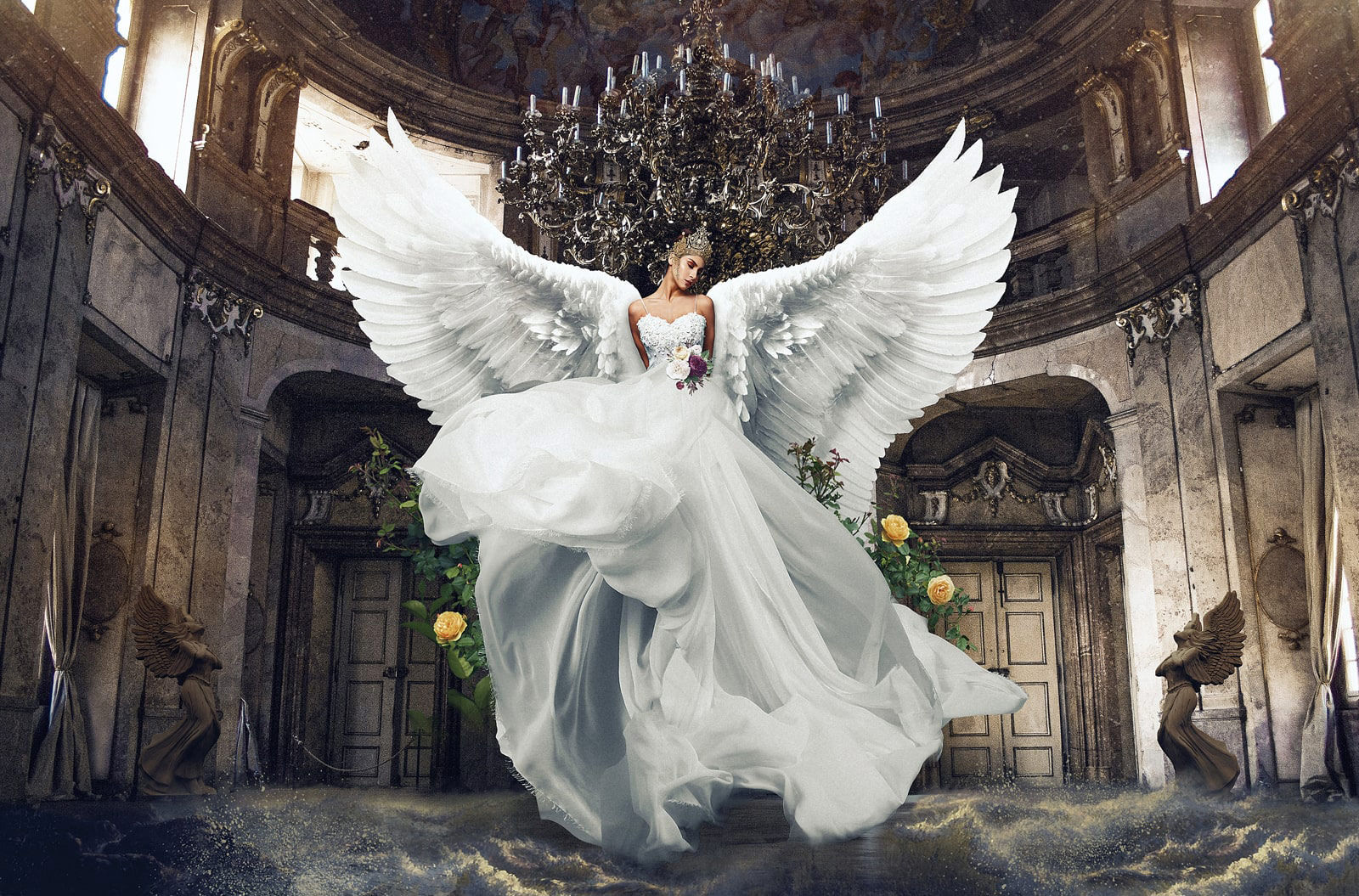 Fine art image of a model wearing a white dress in a luxury room surrounded by flowers