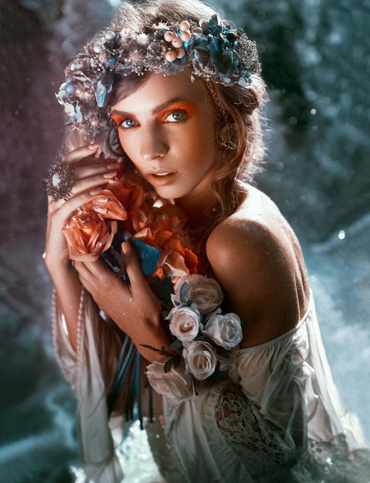 Portrait of a model wearing a flower headpiece